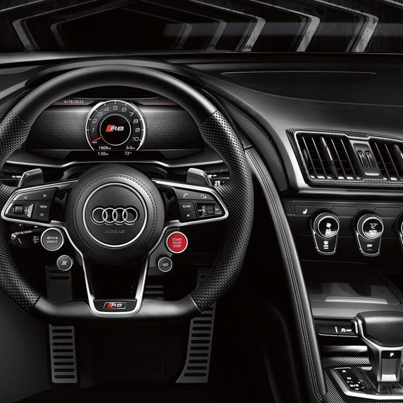 Close-up of the Monoposto cockpit design in the cabin of the Audi R8 Coupe.