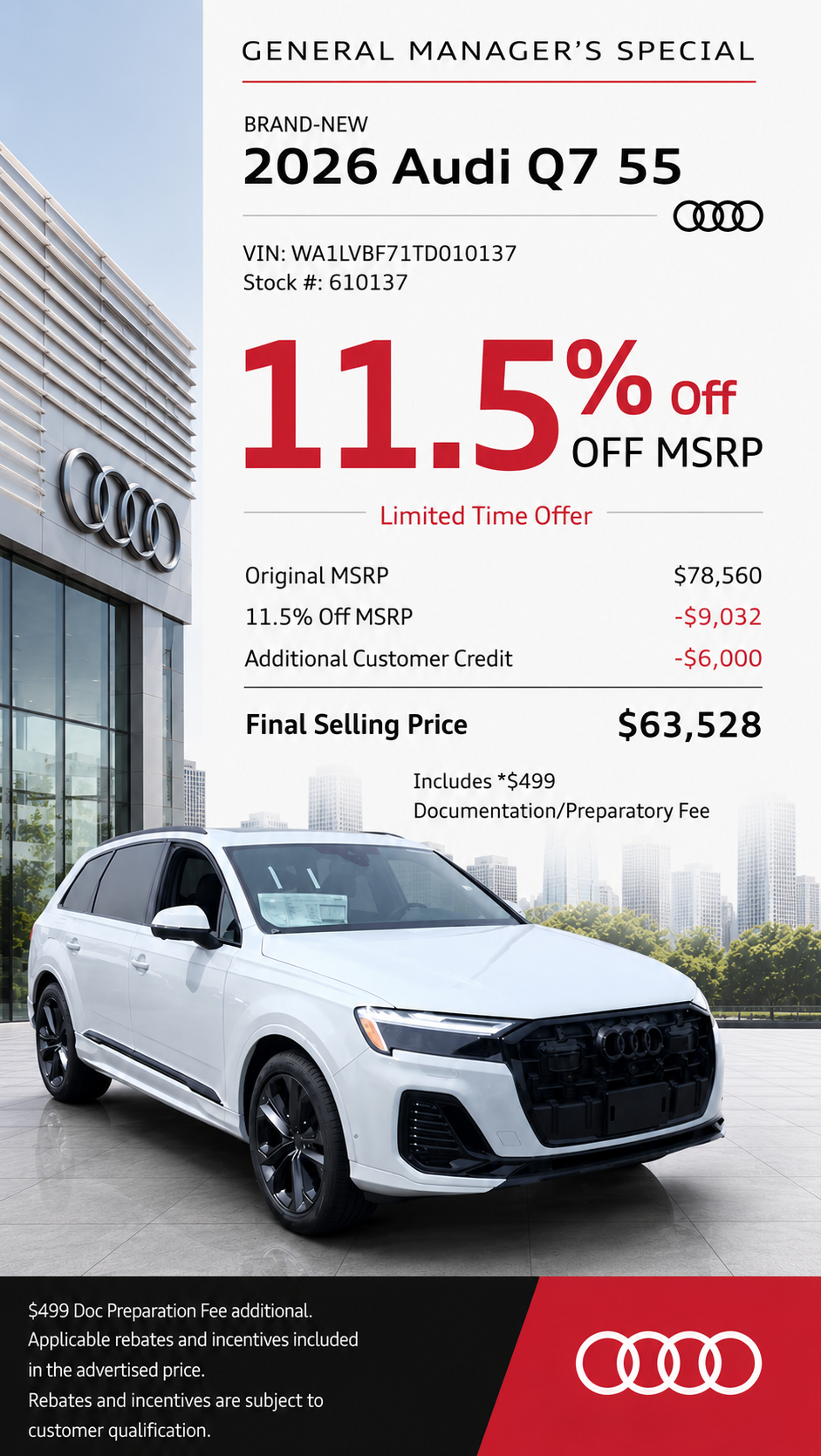 Manager's Special 11.5% Off MSRP on a 2026 Audi Q7 55