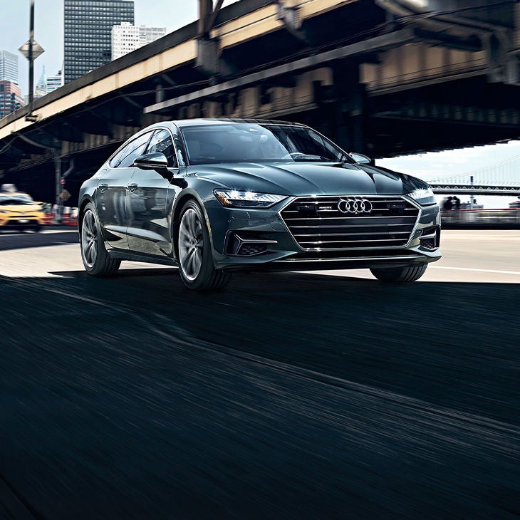 Three-quarter front view of an Audi A7. 