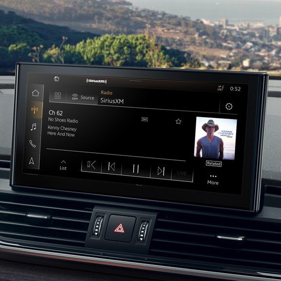 Close-up view of an Audi MMI® screen showing the SiriusXM® interface.