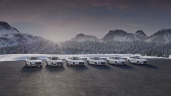 A line up of Audi vehicles parked in front of a snowy mountainous landscape. 