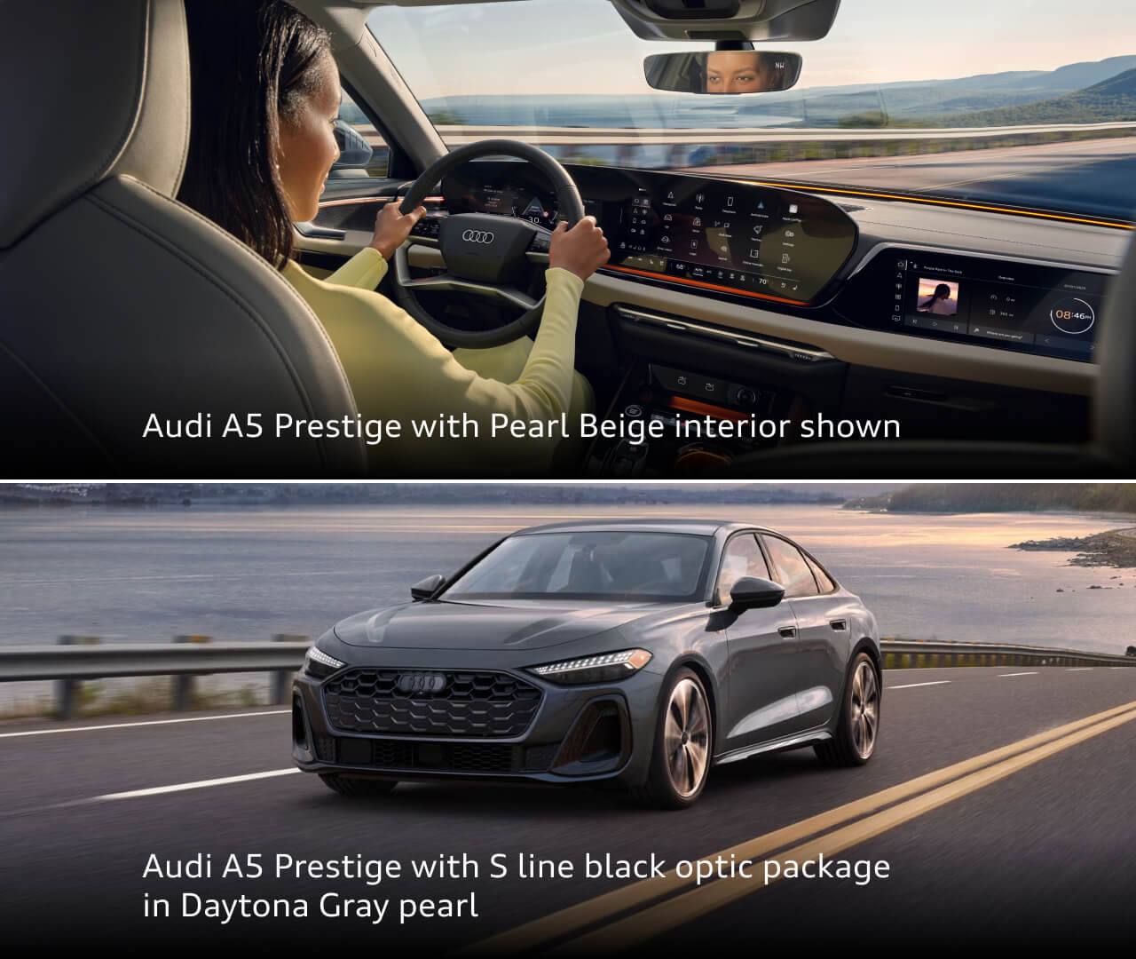 Interior and exterior shots of a 2026 Audi A5 Prestige