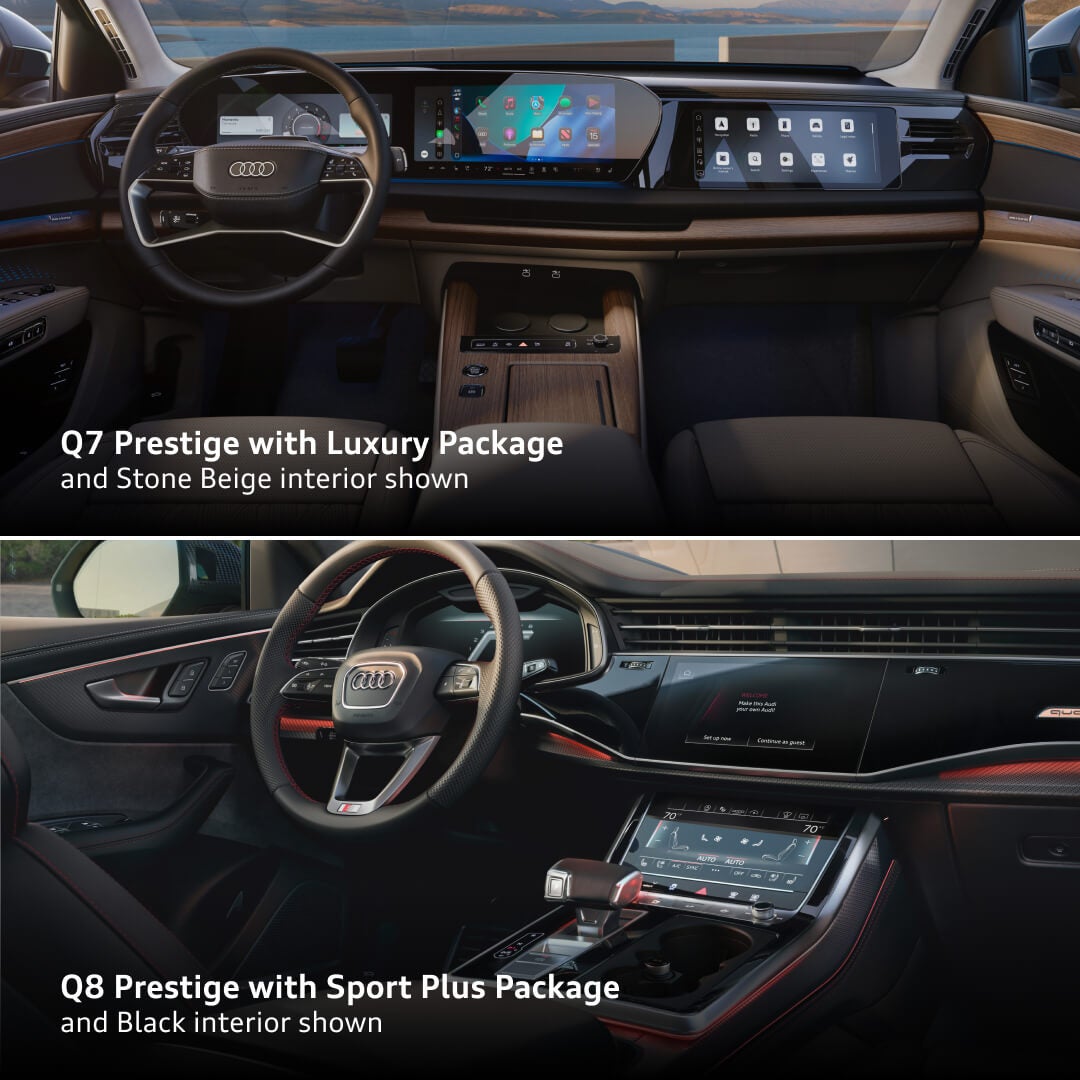 Top: 2027 Audi Q7 Prestige Luxury Package Stone Beige cockpit. Bottom: Q8 Prestige Sport Plus Black cockpit.