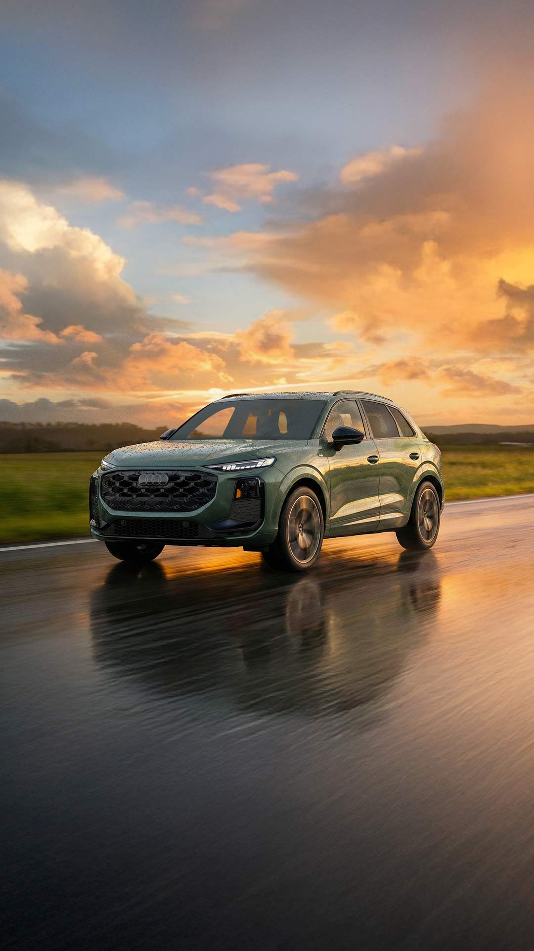 Three-quarter side profile of the S e-tron GT accelerating.