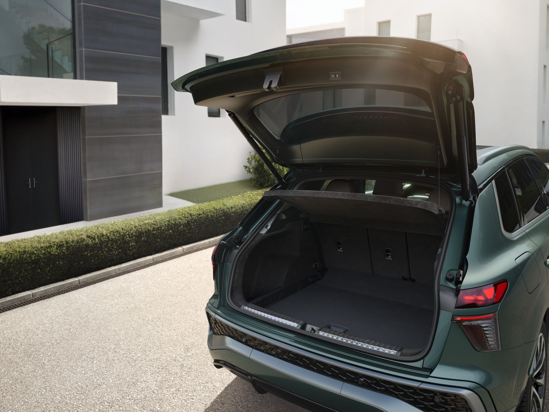 2026 Audi Q3 cargo space shown with the hatch open on the compact SUV.