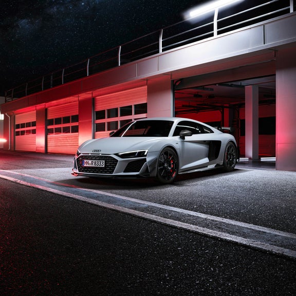 Three-quarter front profile of the Audi R8 GT.