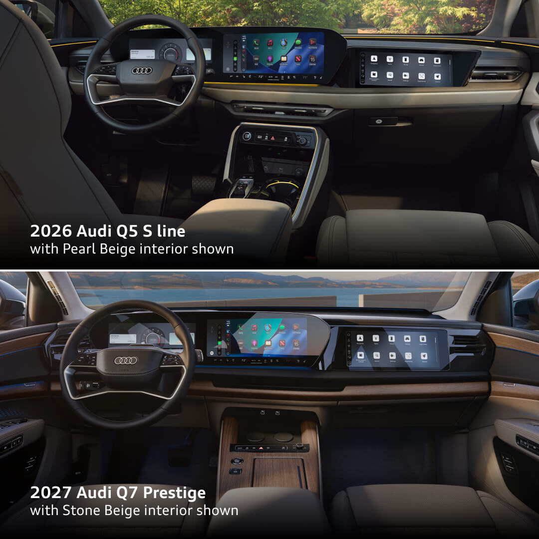 Top: 2026 Audi Q5 S line Pearl Beige interior. Bottom: 2027 Audi Q7 Prestige Stone Beige interior with panoramic displays.