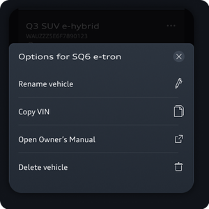 A list of options including: rename vehicle, copy VIN, Open Owner's Manual, and Delete Vehicle is displayed.