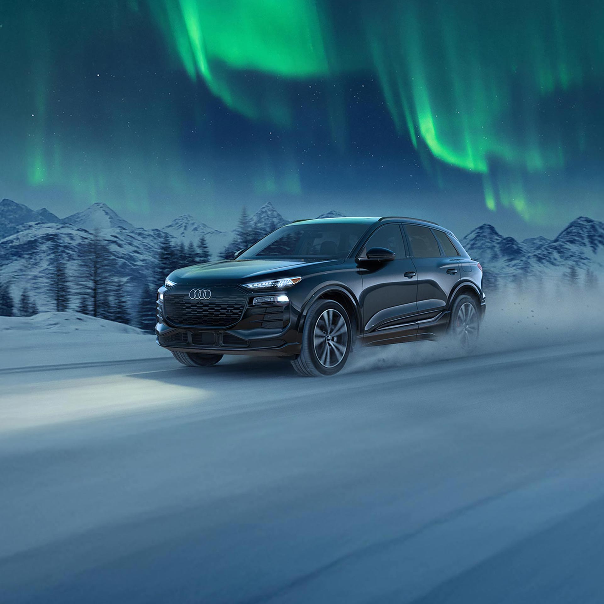 Three-quarter side profile of an Audi RSQ8 accelerating.