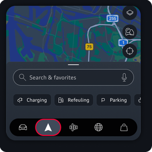 Navigation screen displayed. A map is on top, Navigation tab is highlighted towards the left of bottom center.