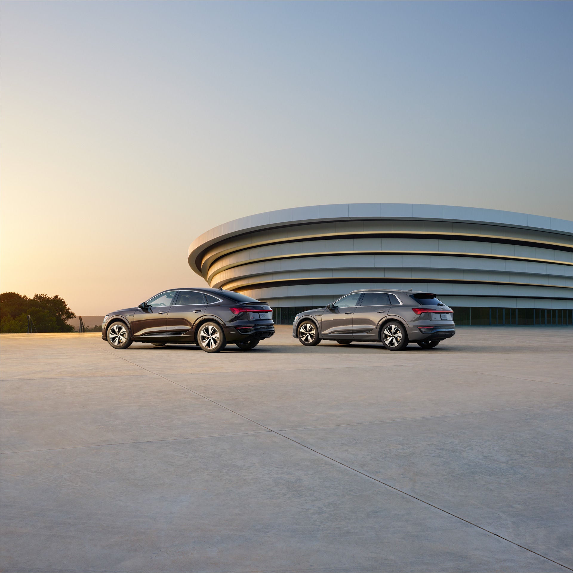 Three-quarter rear view of the Audi Q8 e-tron and Audi Q8 e-tron Sportback.