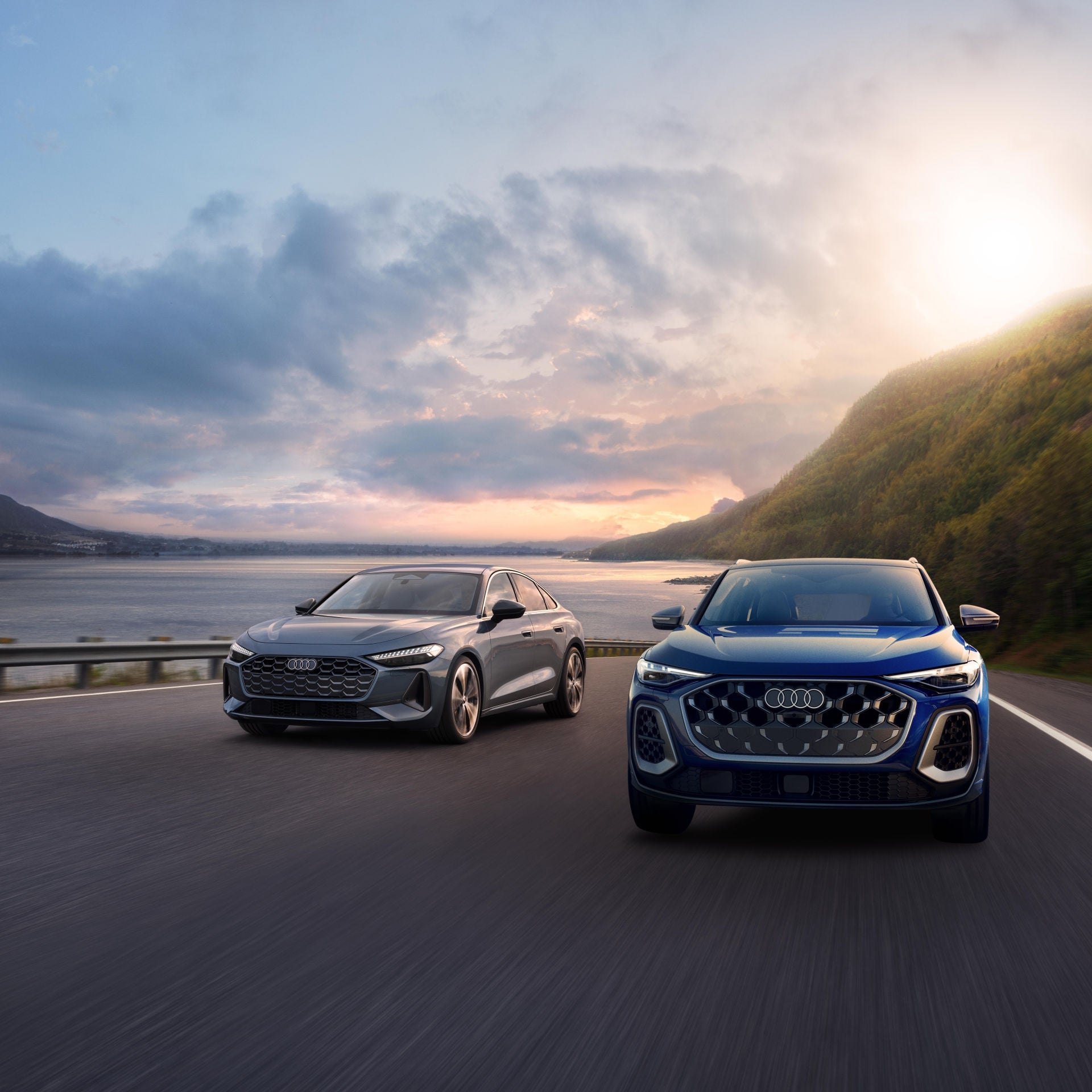 Front view of an Audi accelerating.