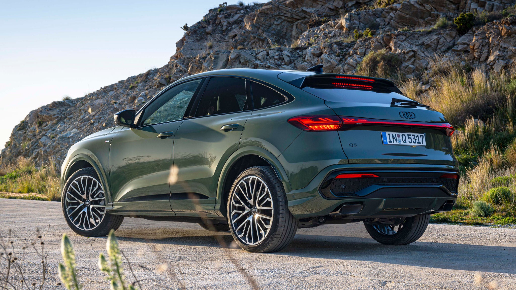Rear profile view of an Audi Q5 SUV parked.