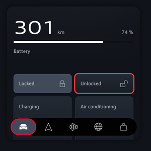 The vehicle tab is highlighted bottom left of the image while the unlocked button is highlighted in the centre right.