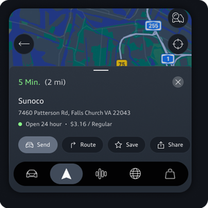 A map is at the top of the app. Navigation details are listed below including ETA and estimate fuel prices.