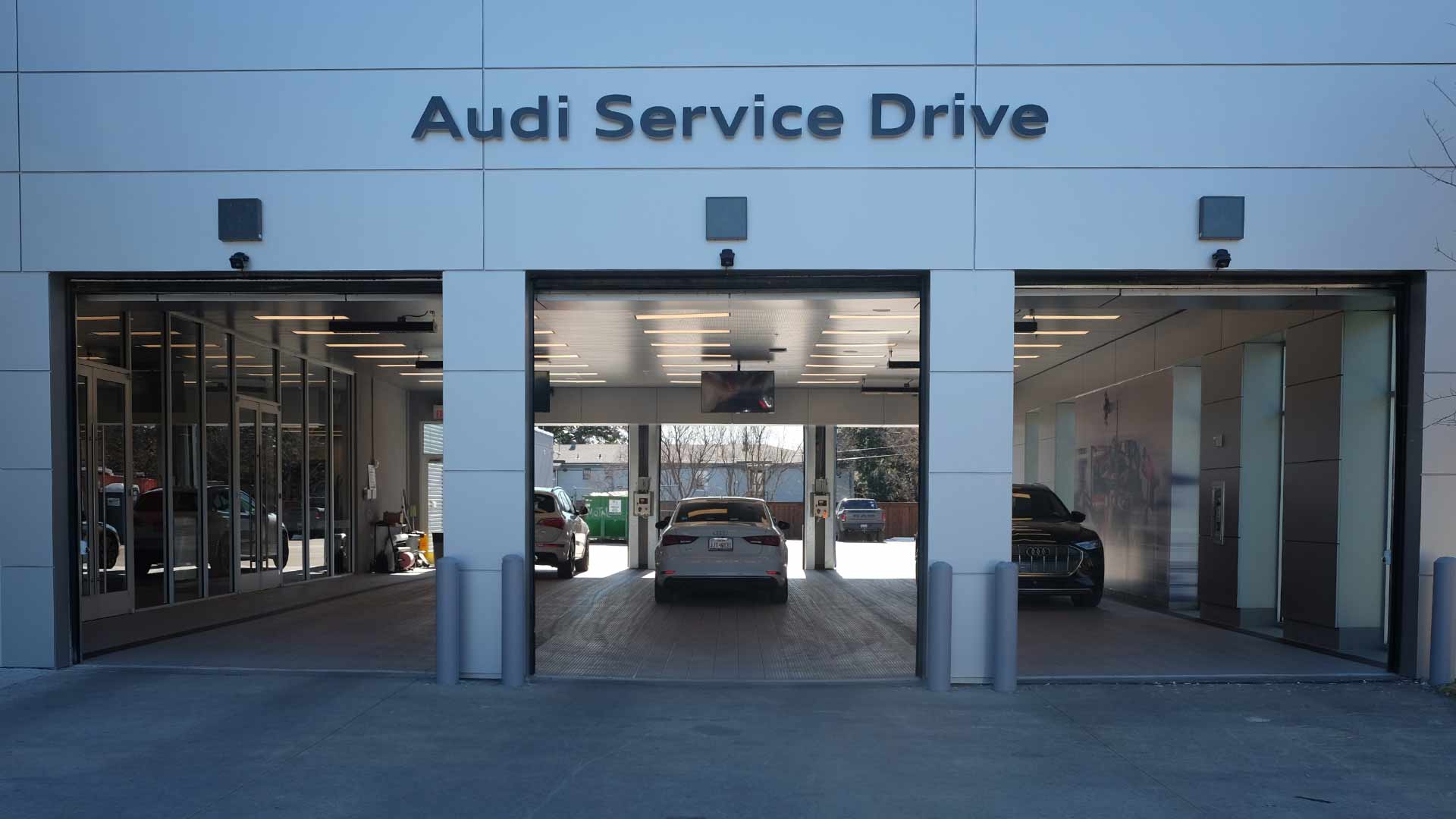 Rear view of Audi service garage. 