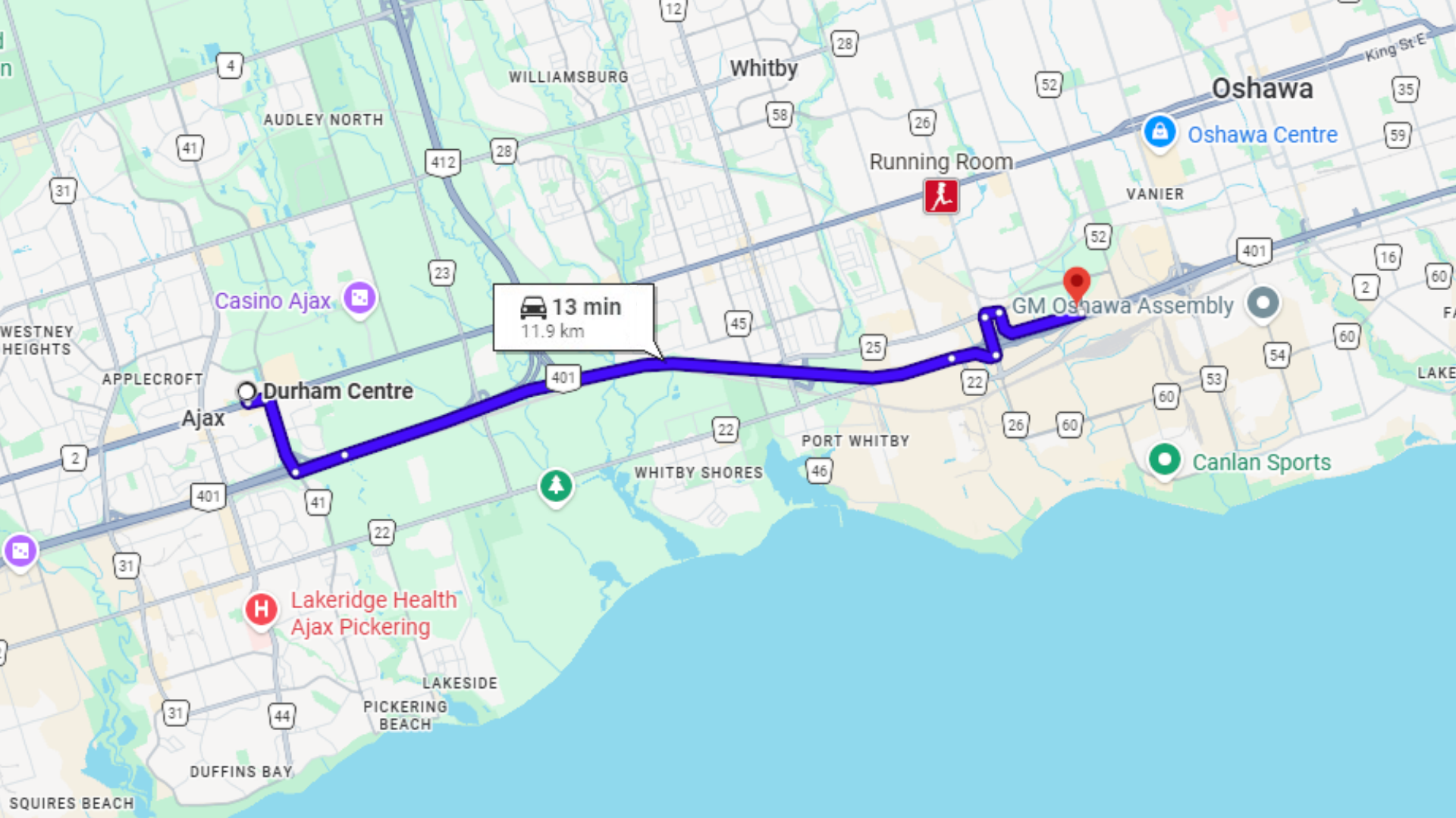 map from Ajax Durham Centre to Audi Durham 