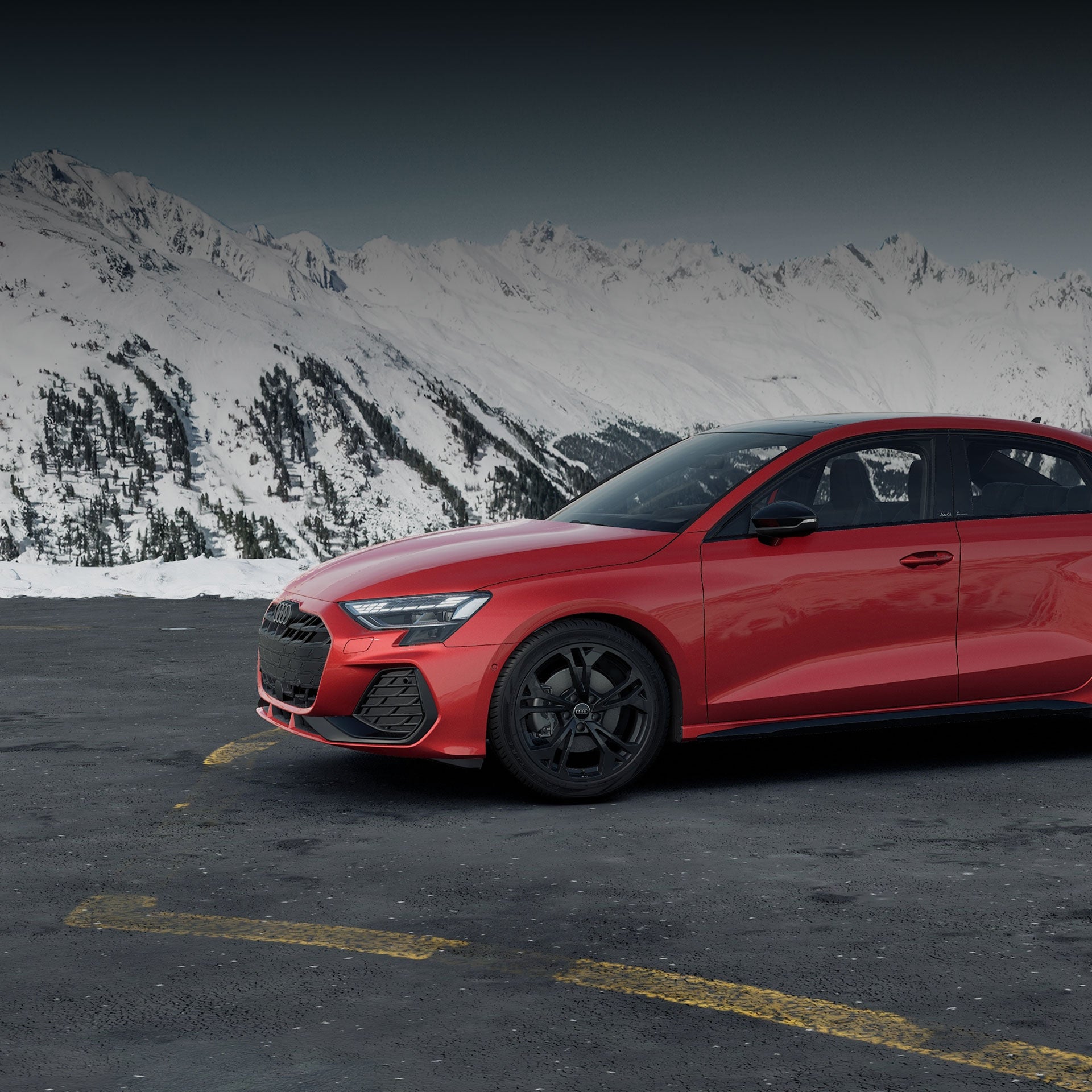 The Audi A3 parked in front of a modern house.
