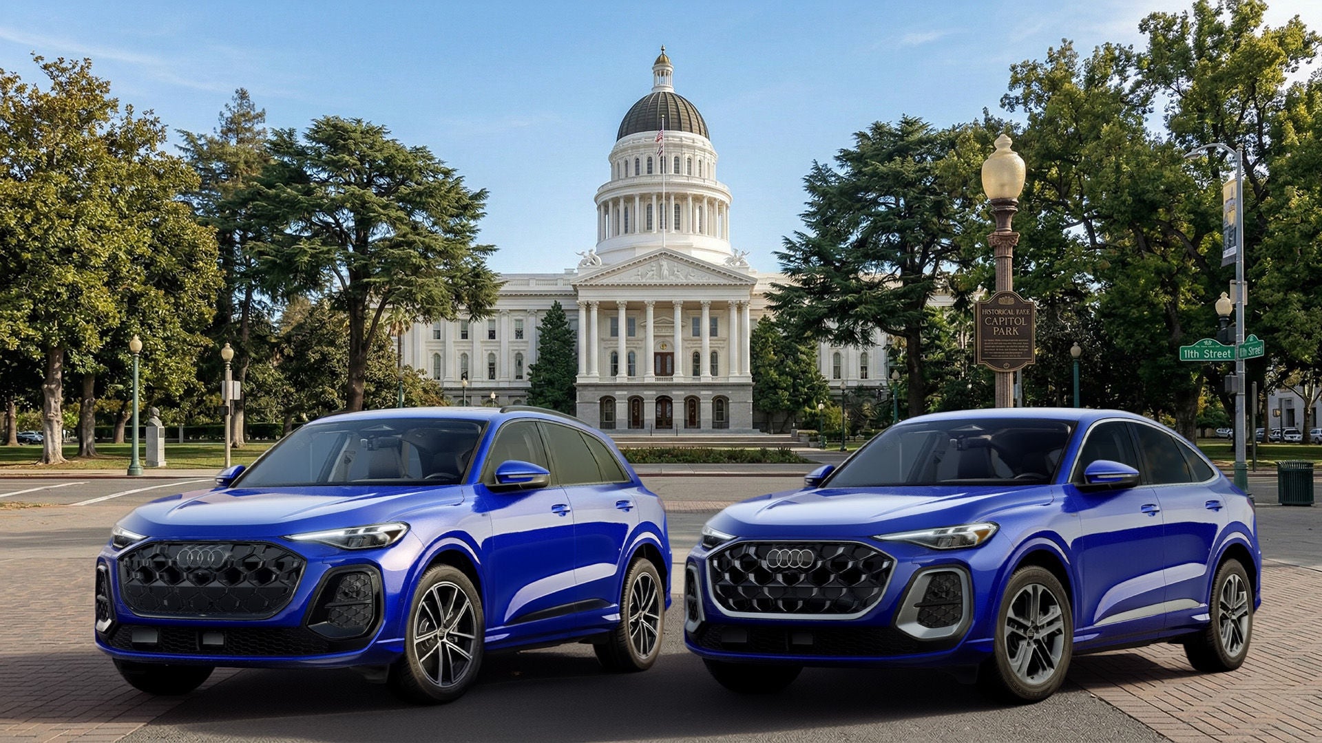 Two Audi Q5 Prestige trims parked infront of the California State Capitol building