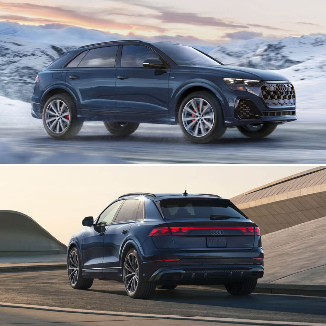 Split image of a dark blue 2027 Audi Q8 from the side driving in snowy conditions and from the rear on a highway corner.
