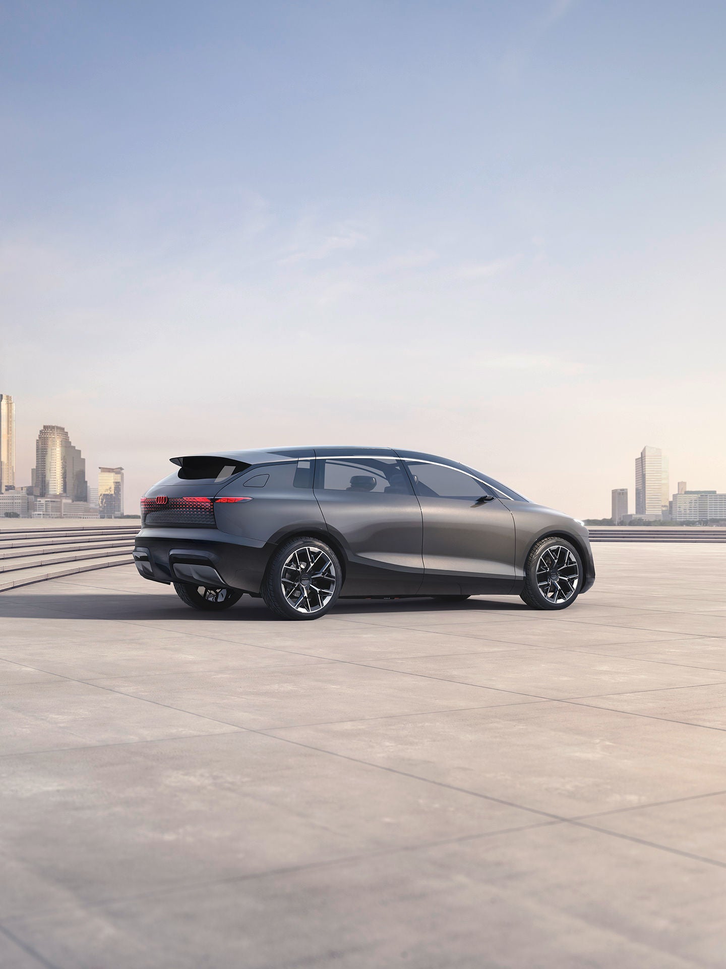 Rear view, photographed at a slight angle, of the Audi urbansphere concept.