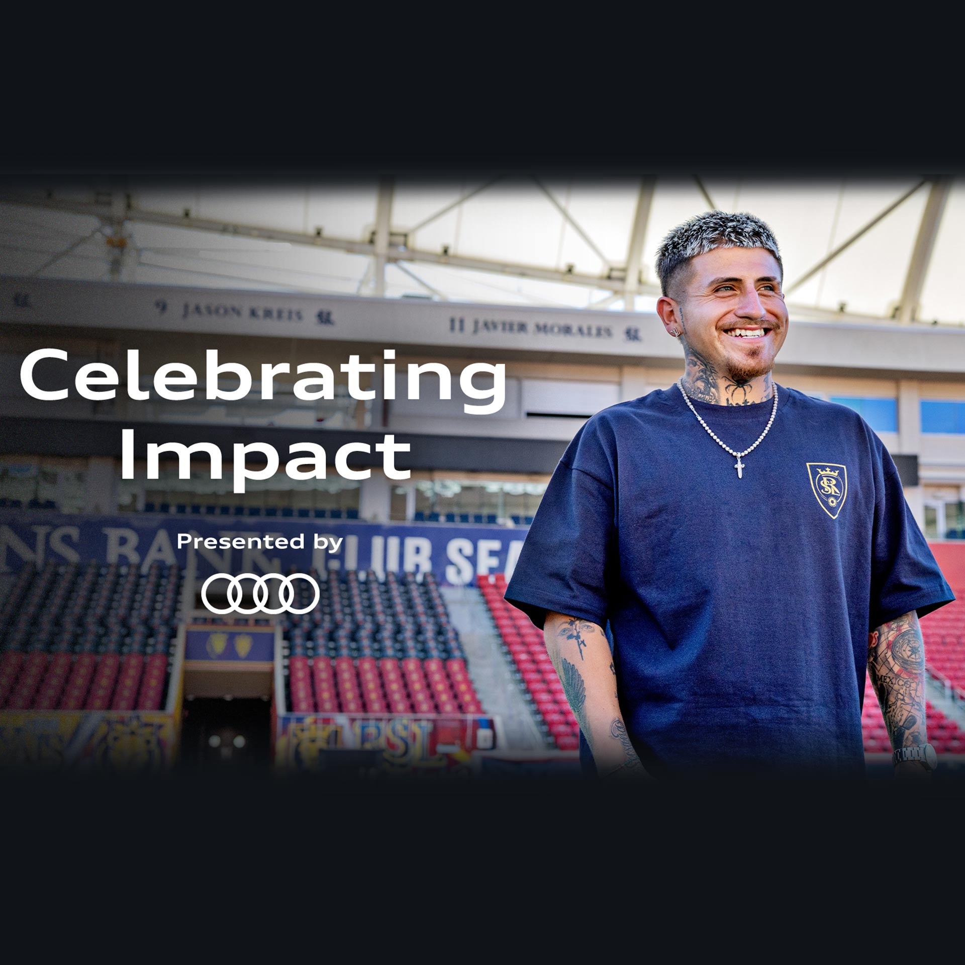 A man kicking a soccer ball with the words 'Celebrating impact' across the image.