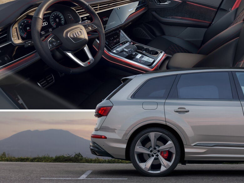 Interior dashboard and exterior side profile views of the 2026 Audi Q7