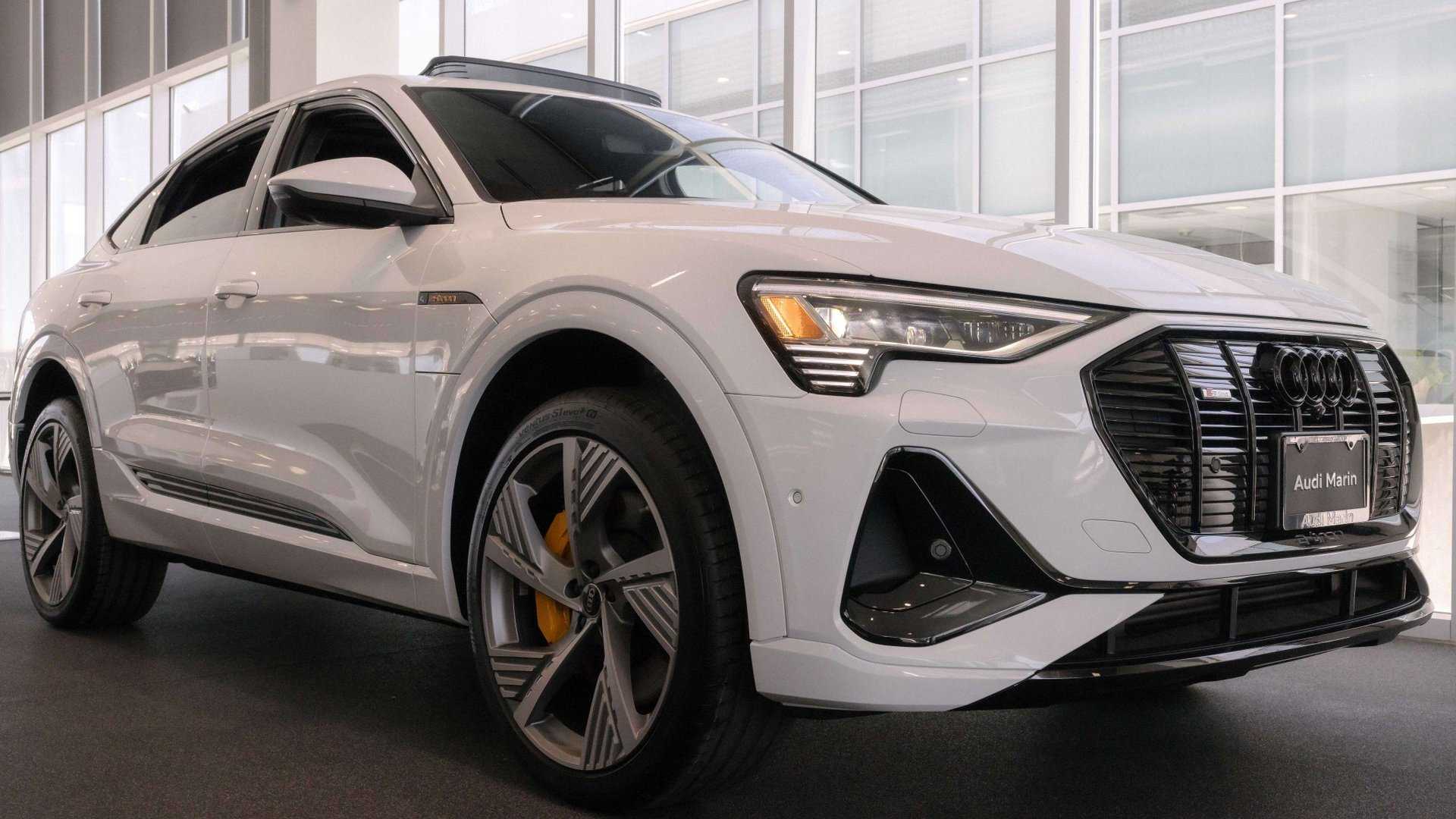 Front profile view of the Audi E-tron parked.