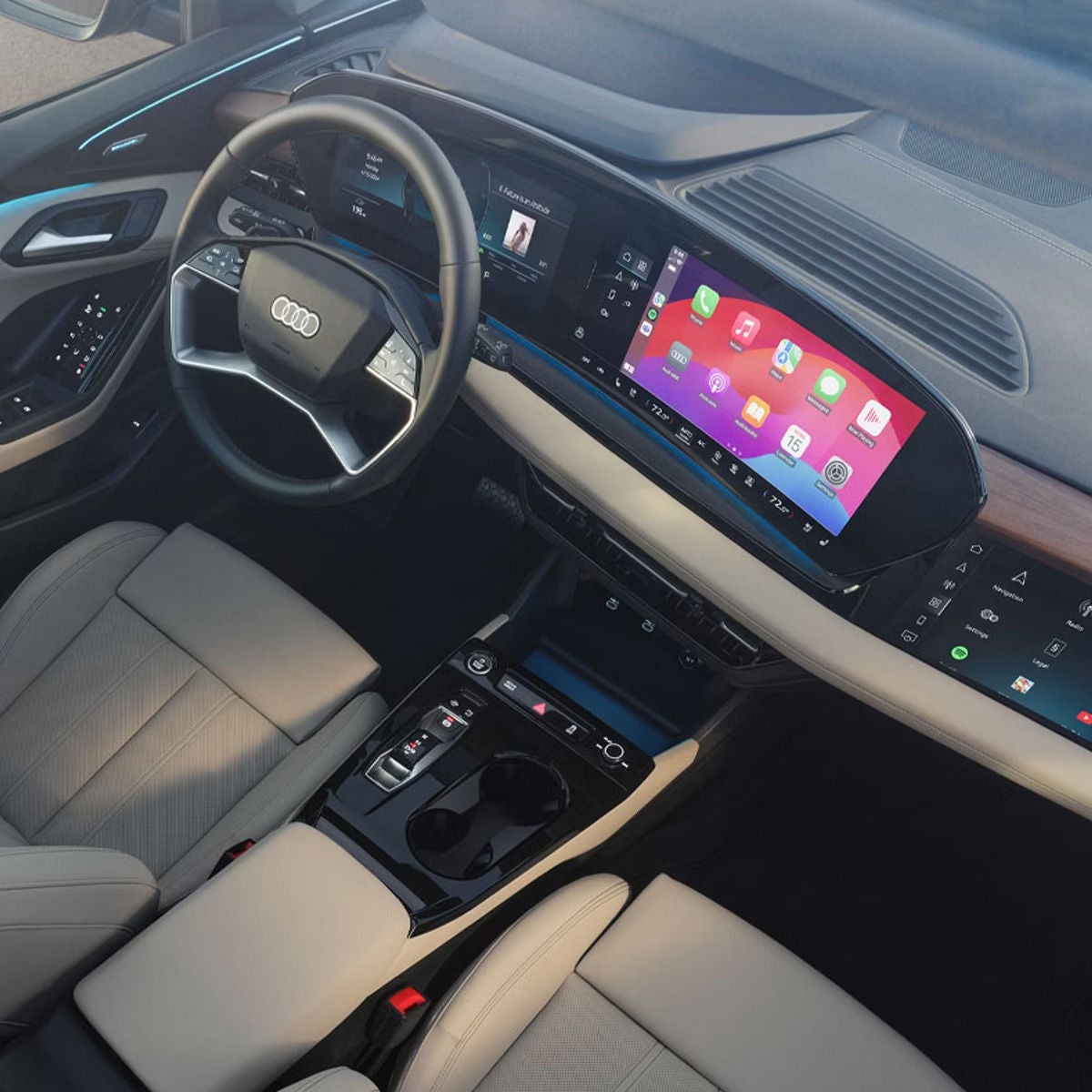Interior dashboard shot of the 2025 Audi Q6 e-tron.