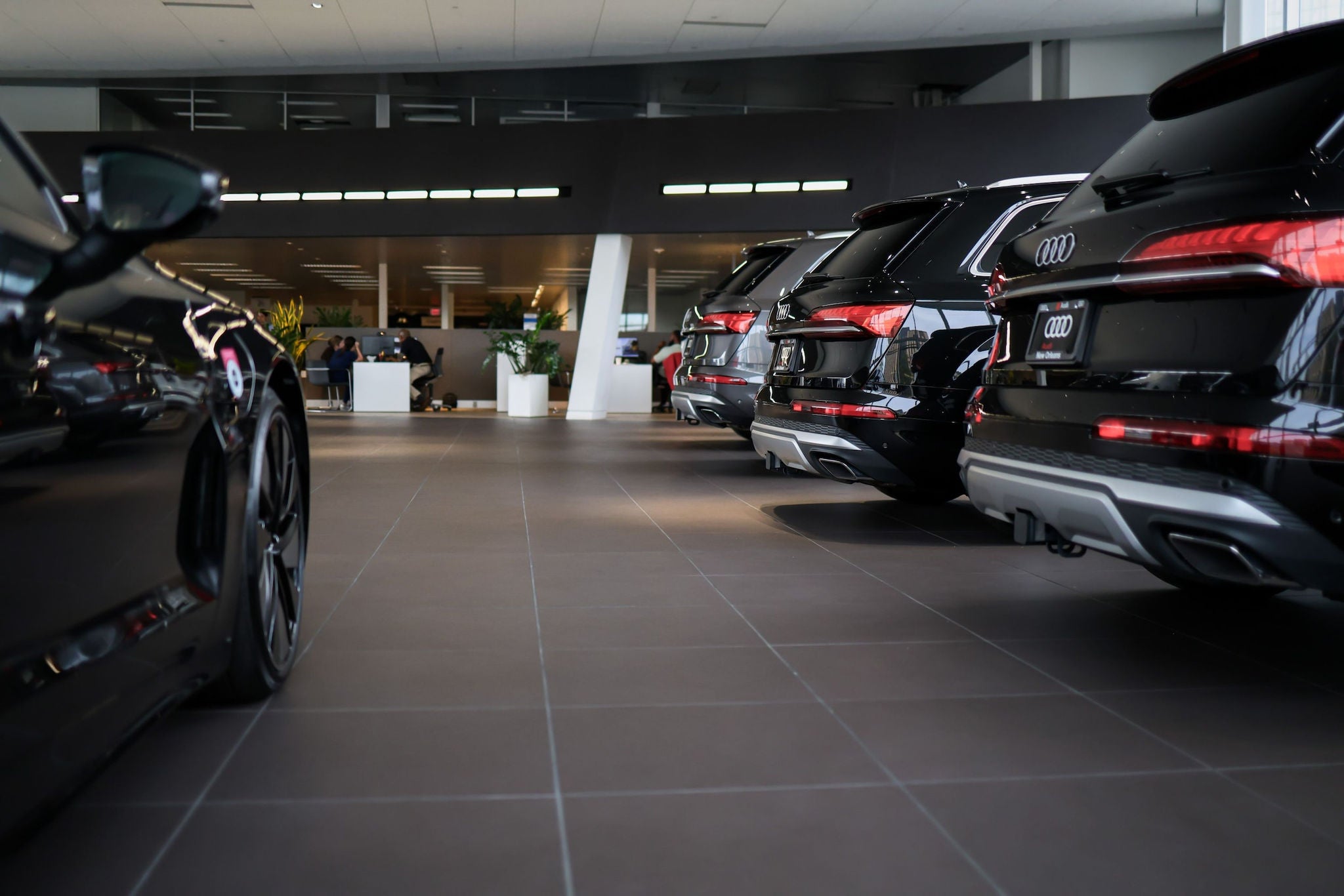 Rear view of an Audi vehicle in showroom
