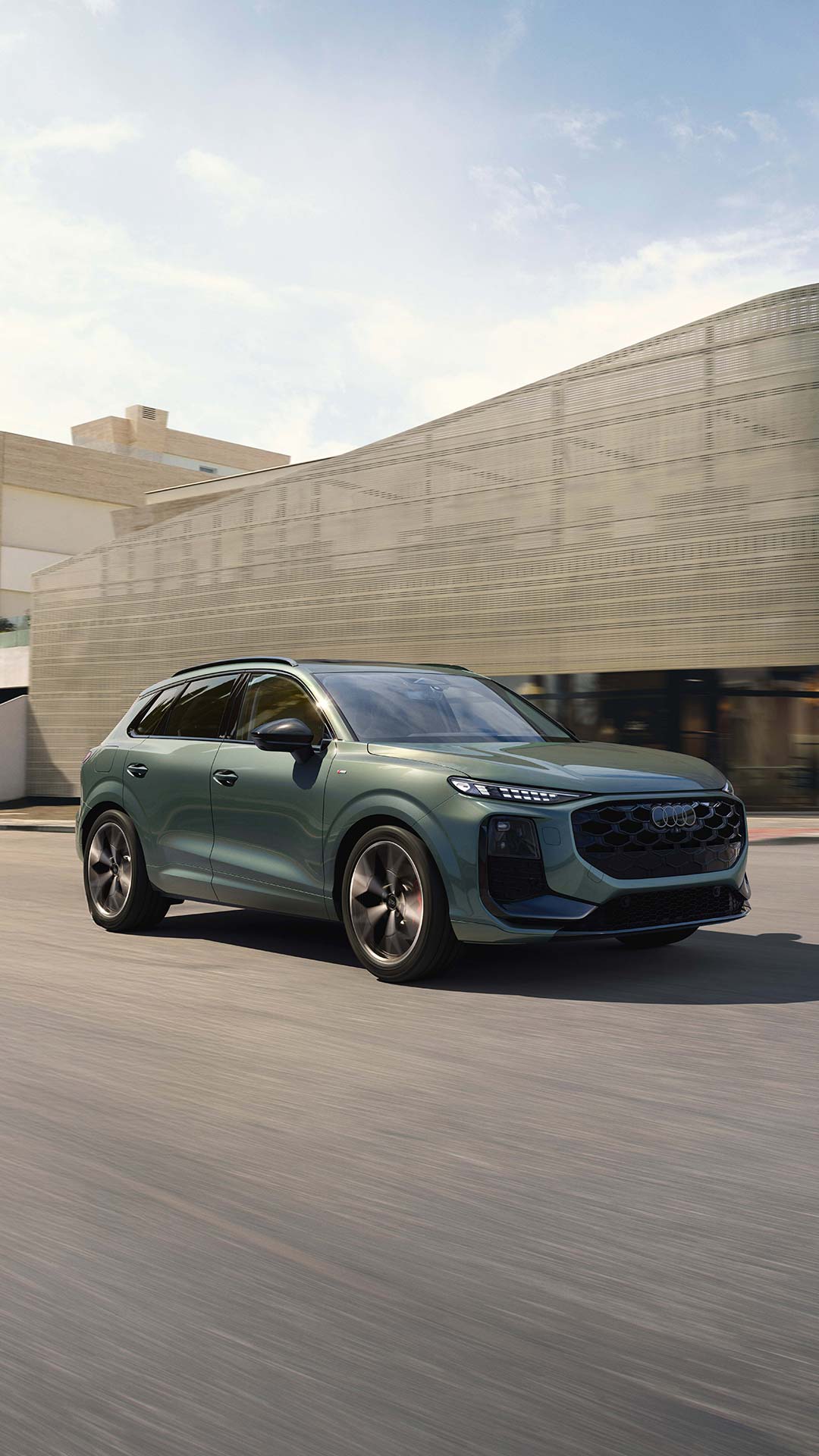 Three-quarter side profile of the S e-tron GT accelerating.