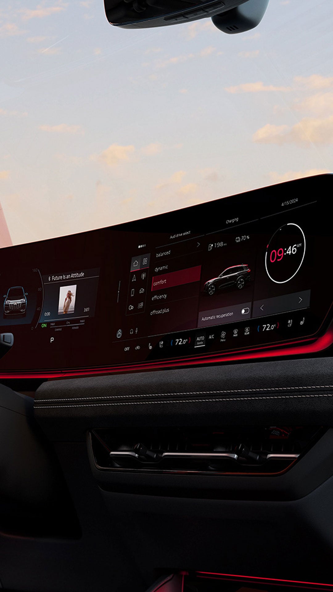 Interior view of the front of an Audi Q8 e-tron. 