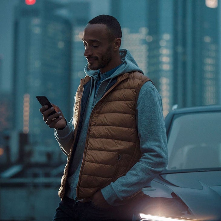 A man leans against his Audi as he schedules his vehicle inspection on his phone.
