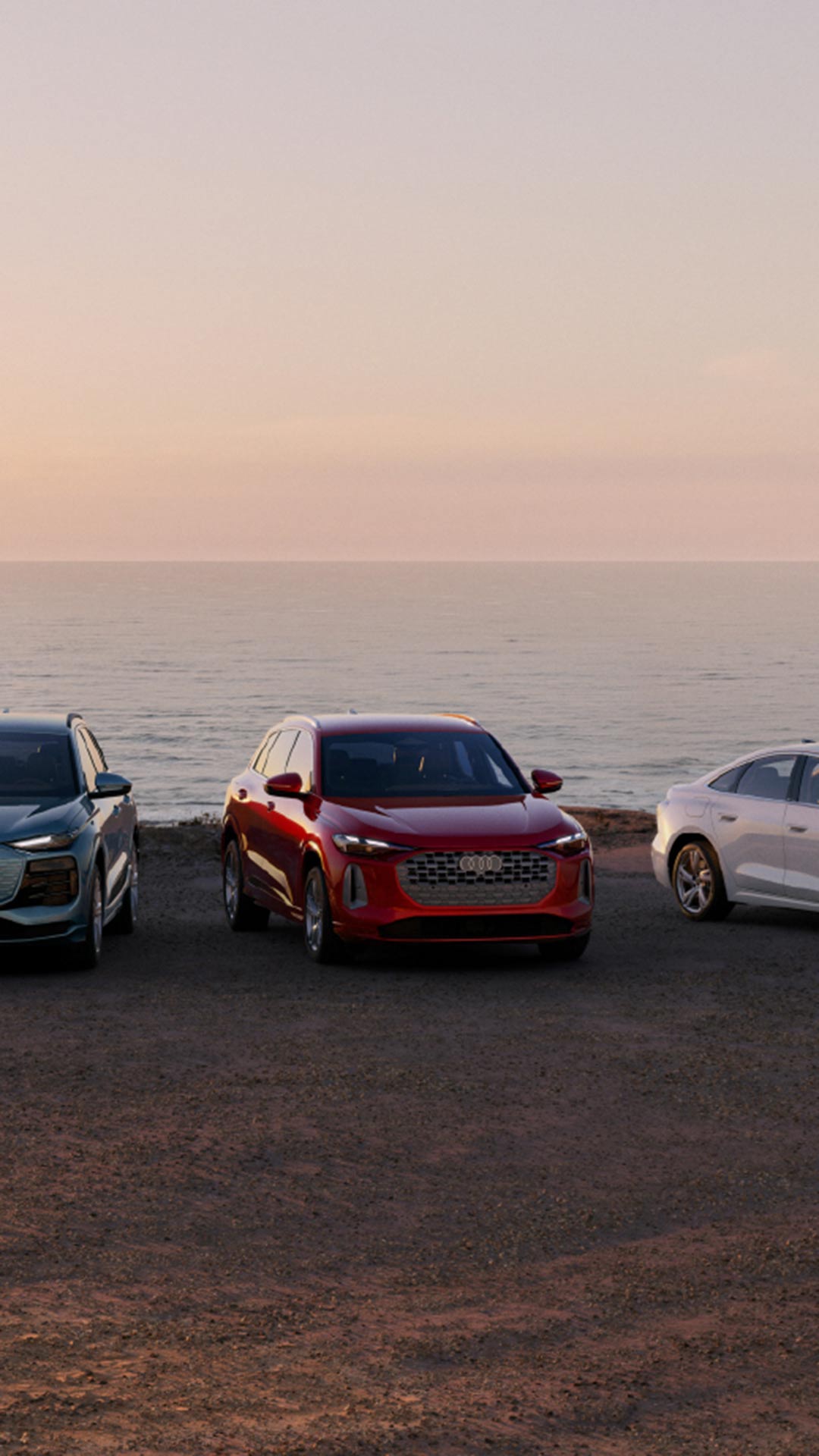 Front view of the Audi Q6 e-tron, Audi Q5, and Audi A5.