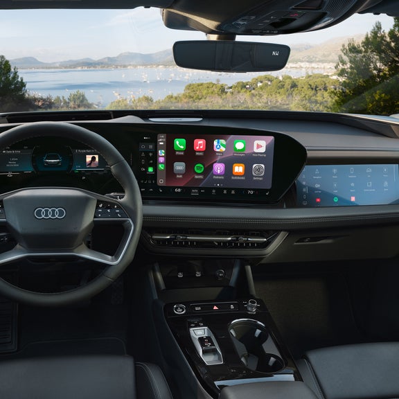 Close-up of the wraparound virtual cockpit in the Audi A6 Sportback e-tron. 