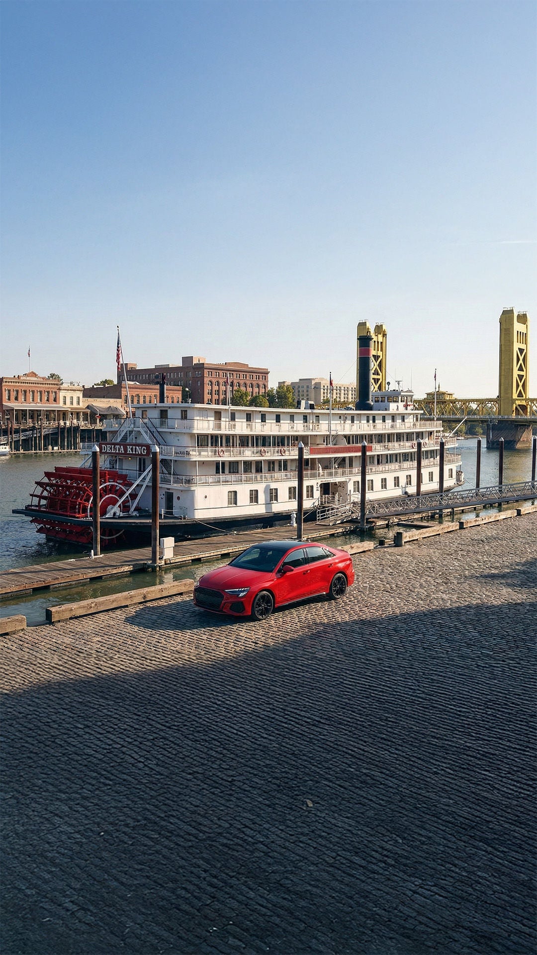 A 2026 Audi A3 parked next to the Delta King Riverboat in Old Town Sacramento