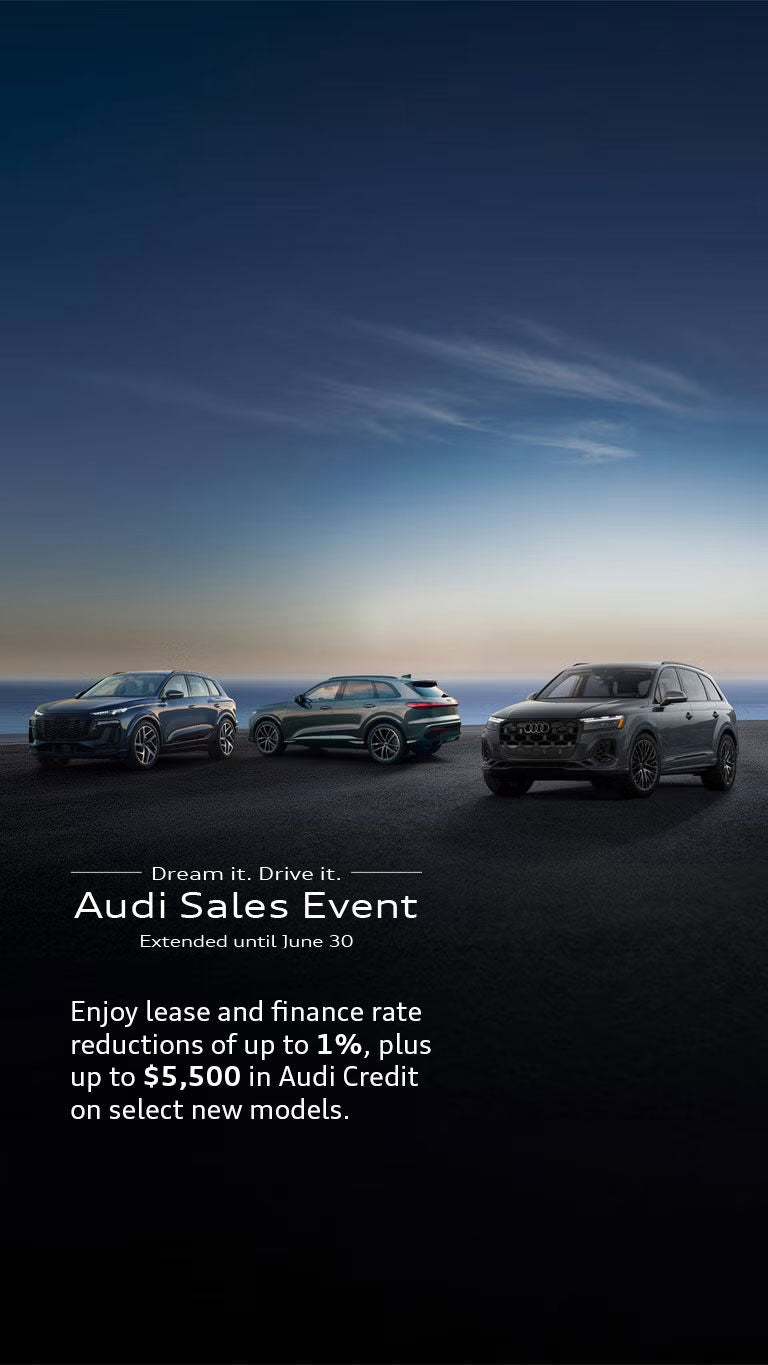 Three Audi cars in profile, side by side.