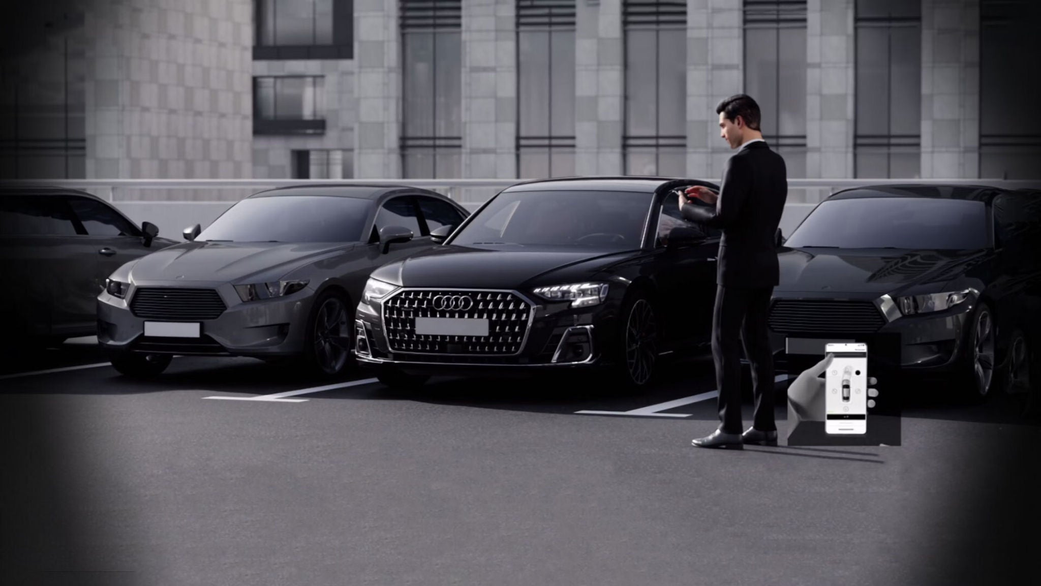 Person using the myAudi app to access and use remote parking assist on their Audi