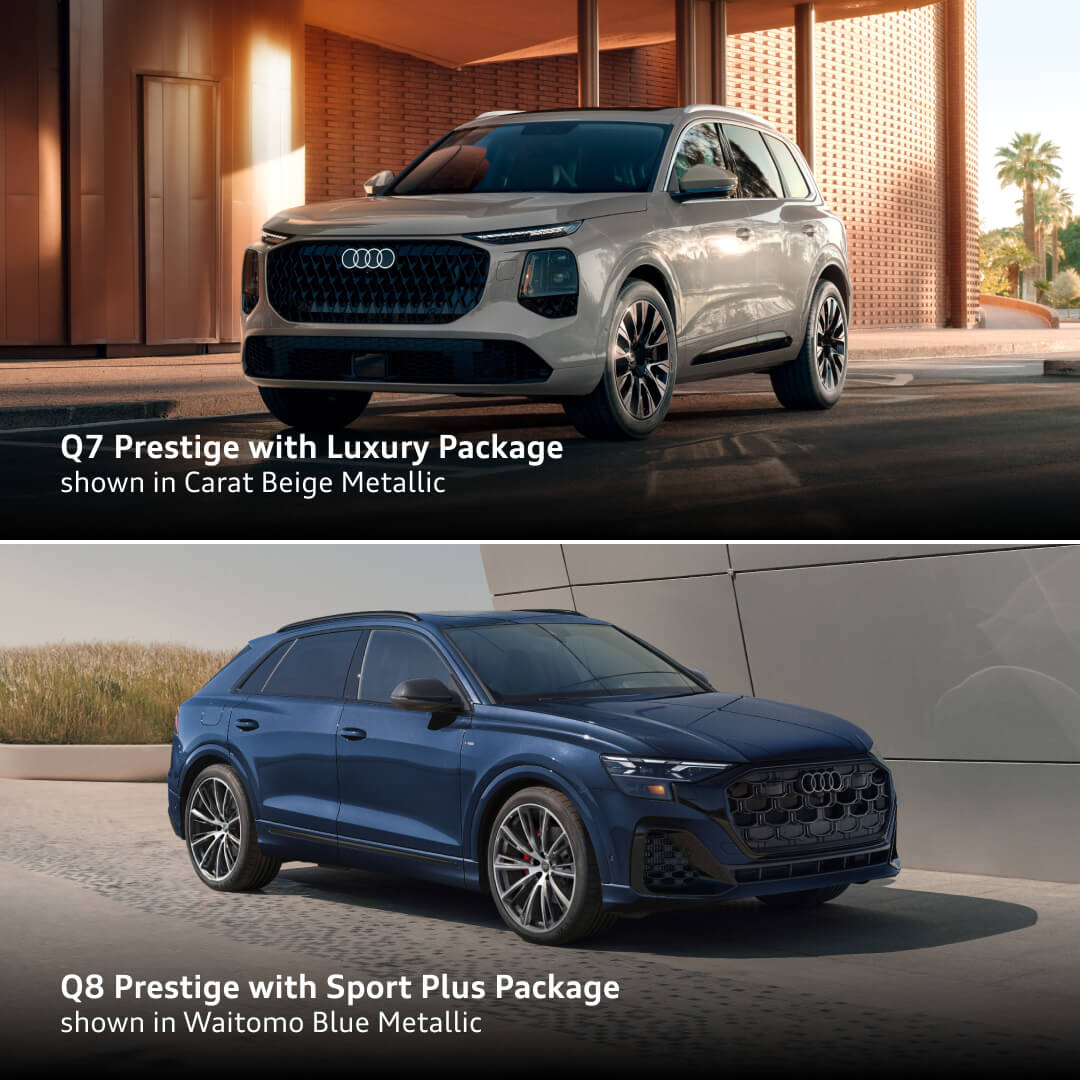 Top: 2027 Audi Q7 Prestige Luxury Package in Carat Beige 3/4 driver side view. Bottom: Q8 Prestige Sport Plus in Waitomo Blue 3/4 passenger side view.