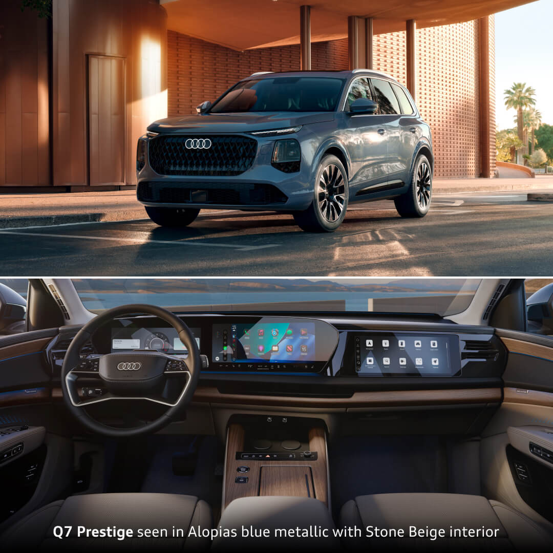 2027 Audi Q7 Prestige in Alopias Blue Metallic with Stone Beige interior, showing exterior and panoramic digital cockpit.