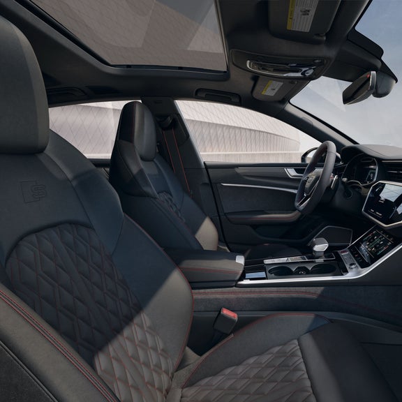 Close-up of the interior of the Audi S7 with multicolor lighting.