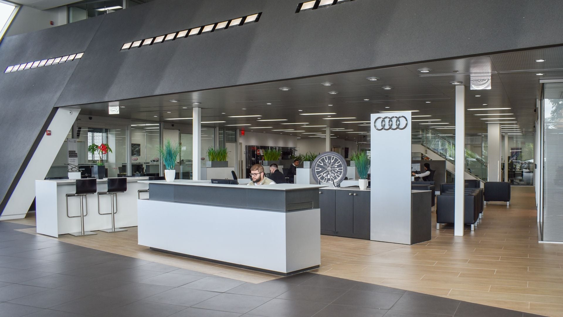 Front desk view of an Audi dealership.