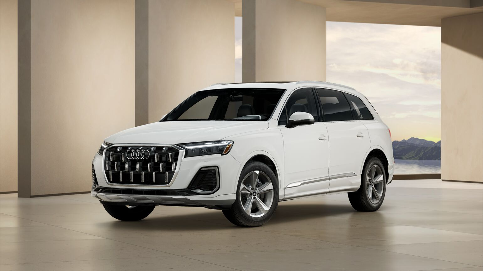 Exterior of a white Audi 2026 Q6. 