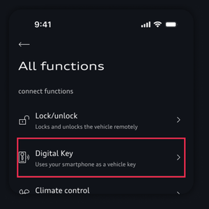 Image shows the Digital Key button above the Key card button on the app.