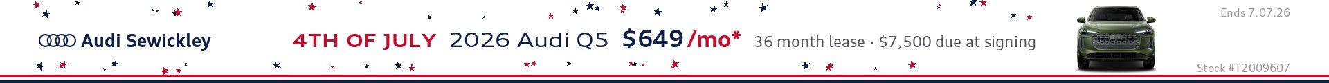 2026 Audi Q5 Premium Plus 4th of July lease special, $649 per month, offer ends July 7th