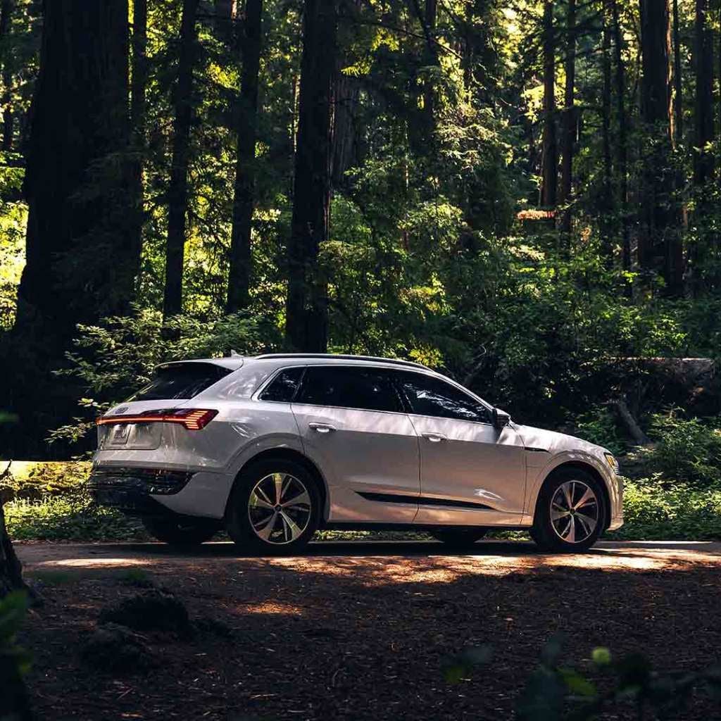 Right side profile of an Audi Q8 e-tron parked.