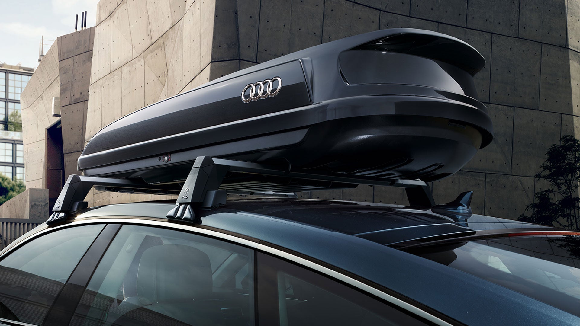 Close-up on the Audi cargo luggage carrier attached to the roof of an Audi vehicle.