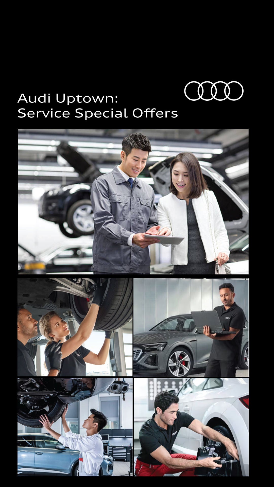 Images of service activity like oil changes and wheel balancing 