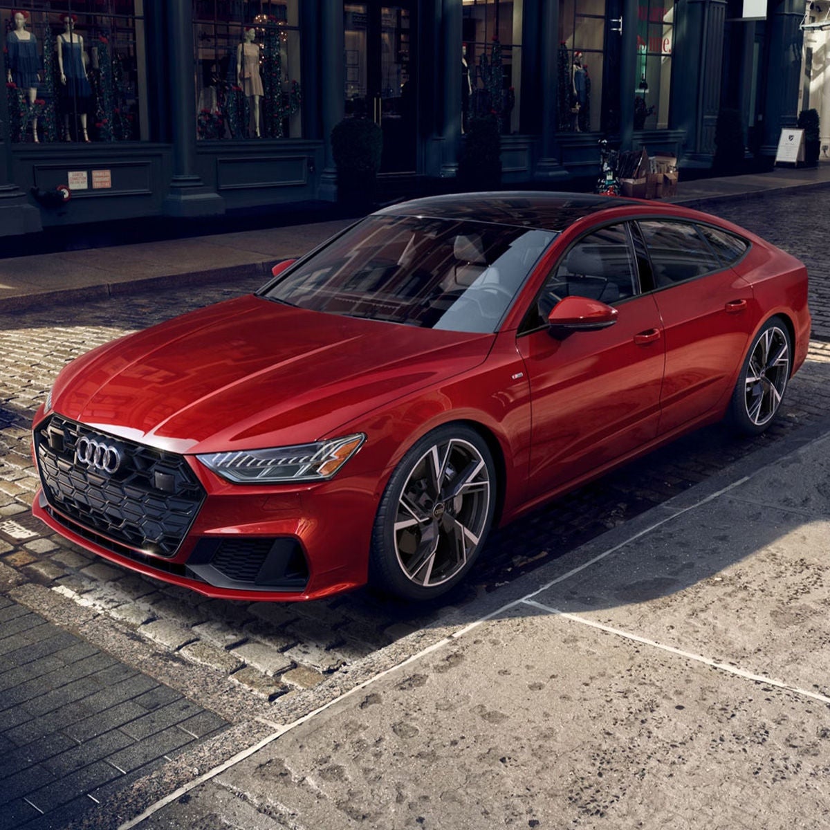 Three-quarter side view of the Audi A7.