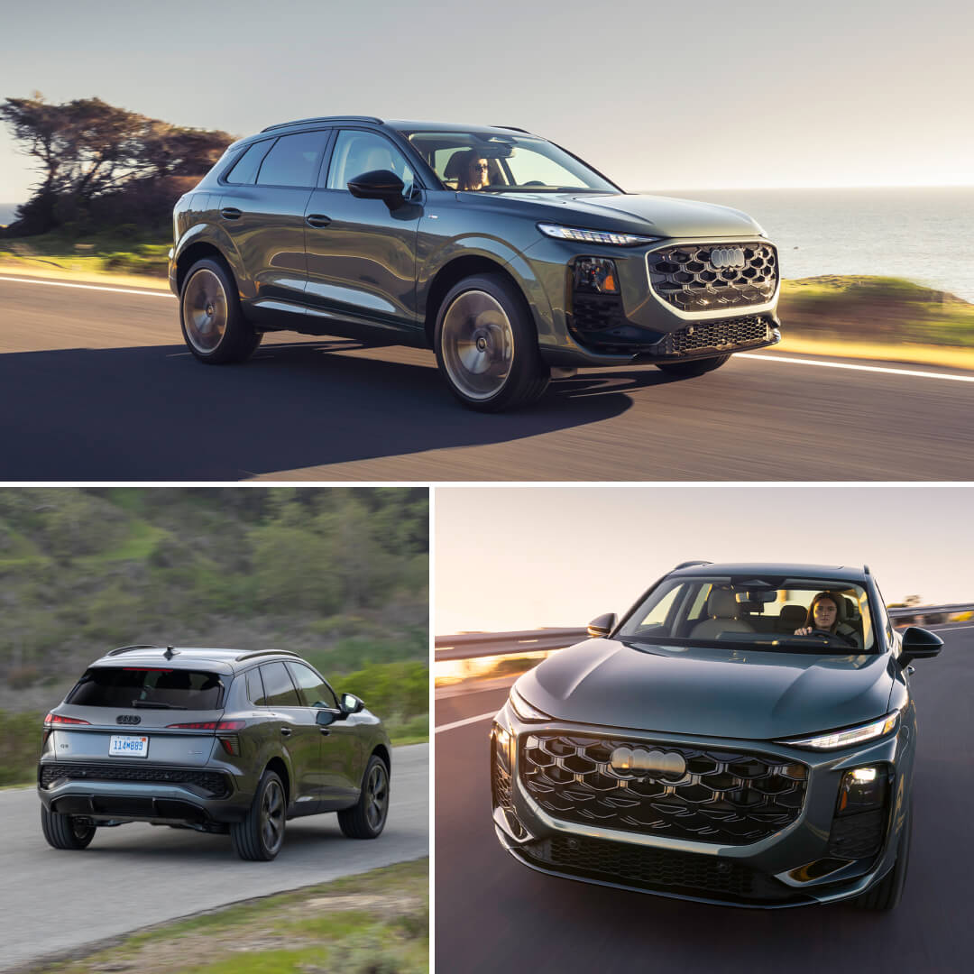 A collage of images of the Audi Q3 driving on an oceanside highway.